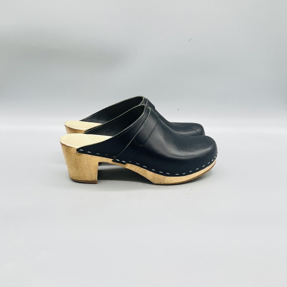 Sandgrens Shoes Womens 37 Black Leather Wooden Heel Clog Mules Boho Fall Casual
